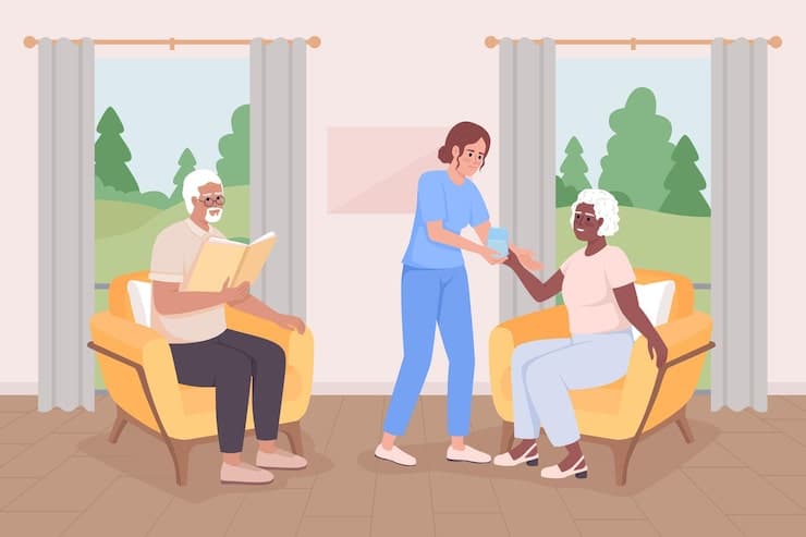 Illustration: Eine Pflegekraft bringt einem älteren Paar im Wohnzimmer Medikamente